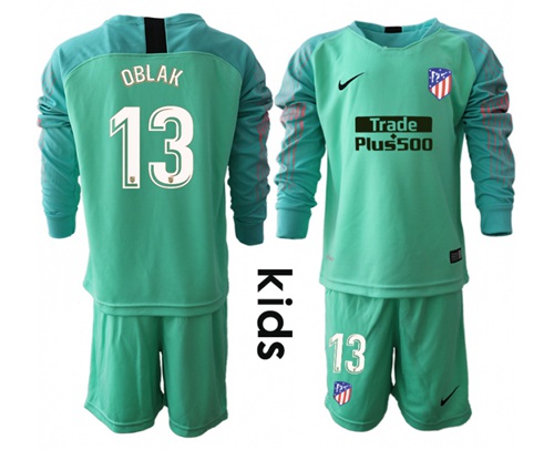 Atletico Madrid #13 Oblak Green Goalkeeper Long Sleeves Kid Soccer Club Jersey
